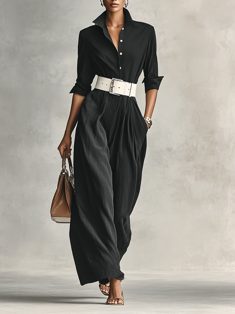 Raquel| Mono de mujer de solapa de una sola manga larga con cinturón