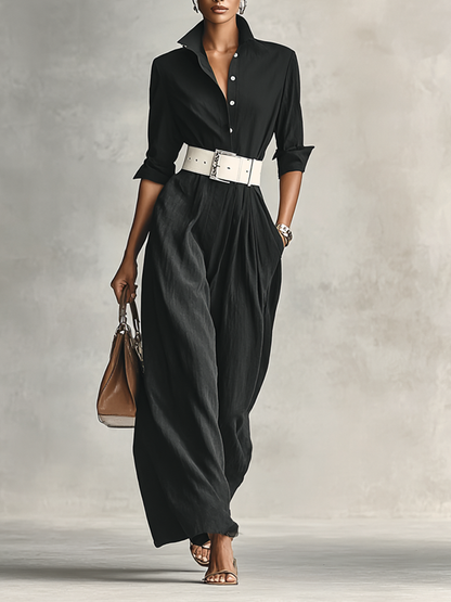 Raquel| Mono de mujer de solapa de una sola manga larga con cinturón