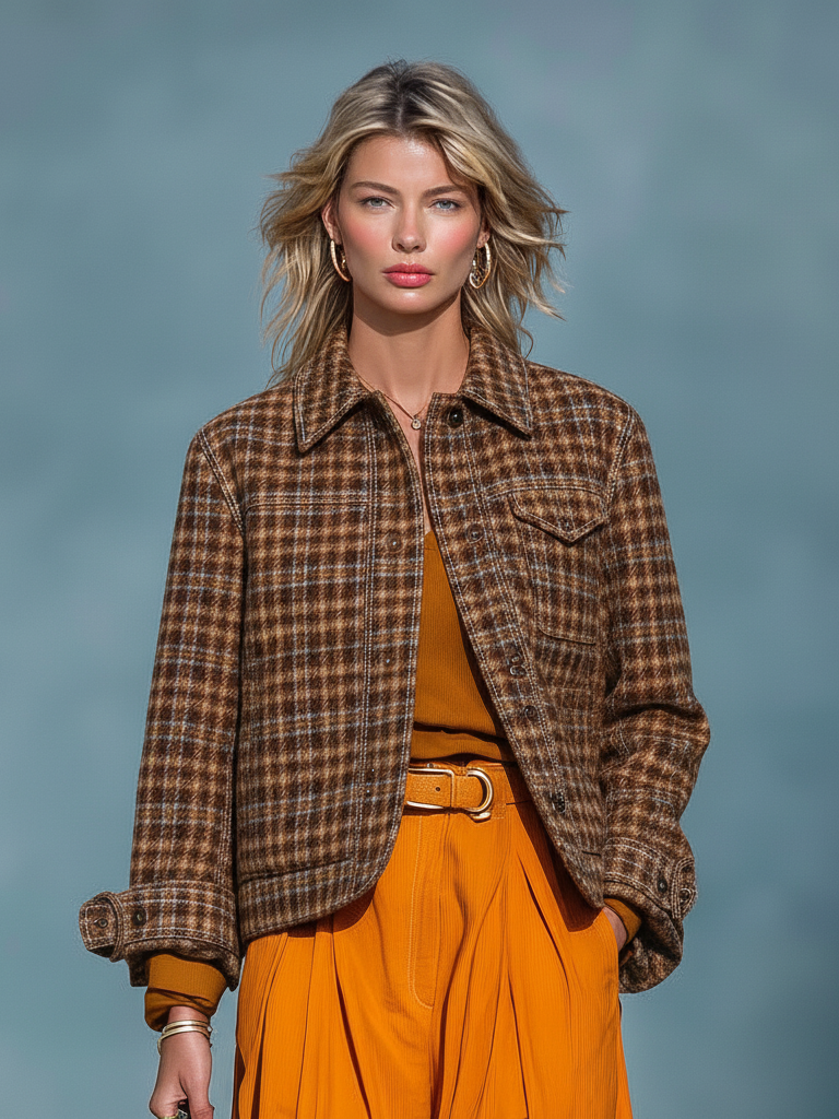 Chaqueta de mezcla de lana a cuadros para mujer con solapa MDA1703J1Y