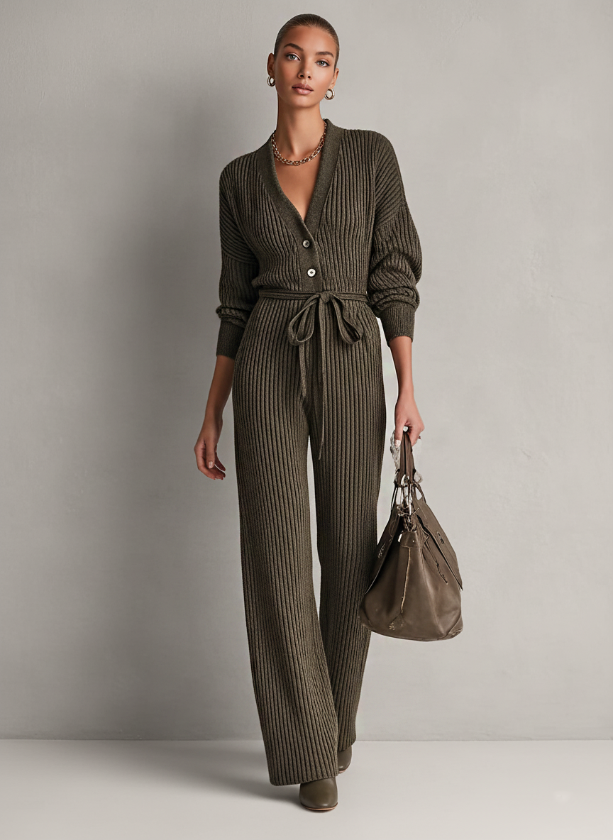 Teresa| Mono de punto minimalista para mujer con cuello en V, botones y cinturón