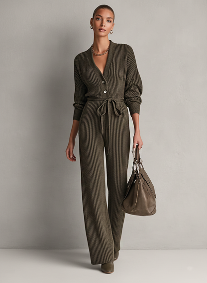 Teresa| Mono de punto minimalista para mujer con cuello en V, botones y cinturón