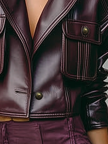 Chaqueta de mujer suelta de doble pecho con bolsillo y botón en PU sintético MDA1666I2Y