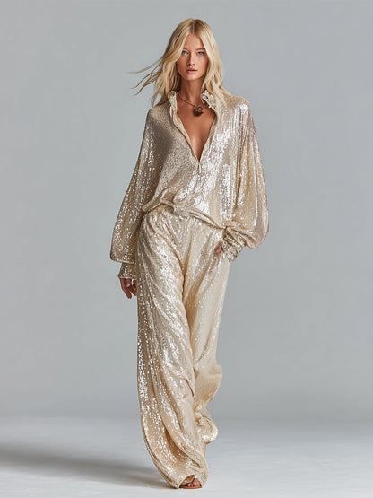 Conjunto de moda para mujer en oro brillante con cuello de lentejuelas, media cremallera, pantalones anchos y cómodos para fiesta MDA2425I0I