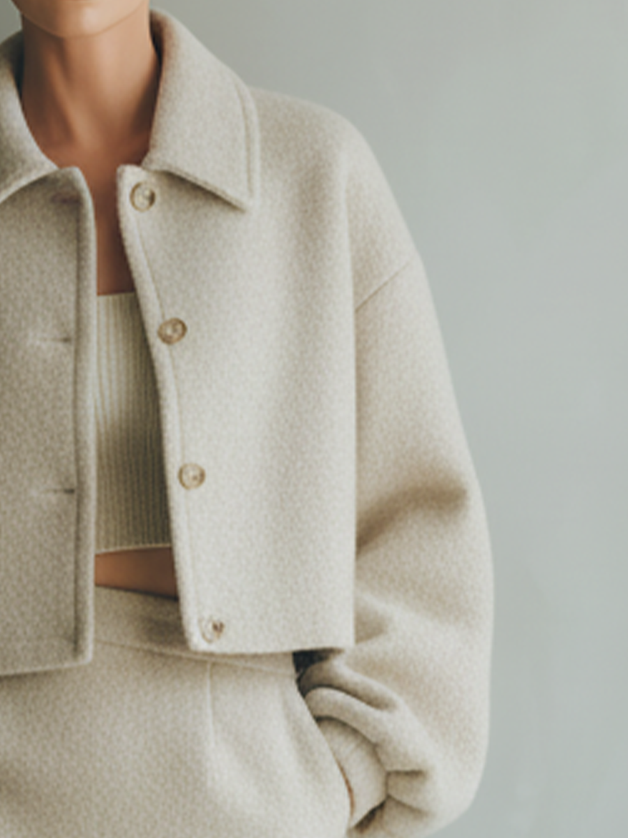 Conjunto de Chaqueta Corta y Falda de Mezcla de Lana Blanca para Mujer MDA1684J4T