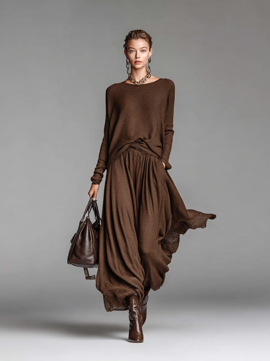 Conjunto de falda y suéter de punto con cuello redondo para mujer MDA0737H3Y