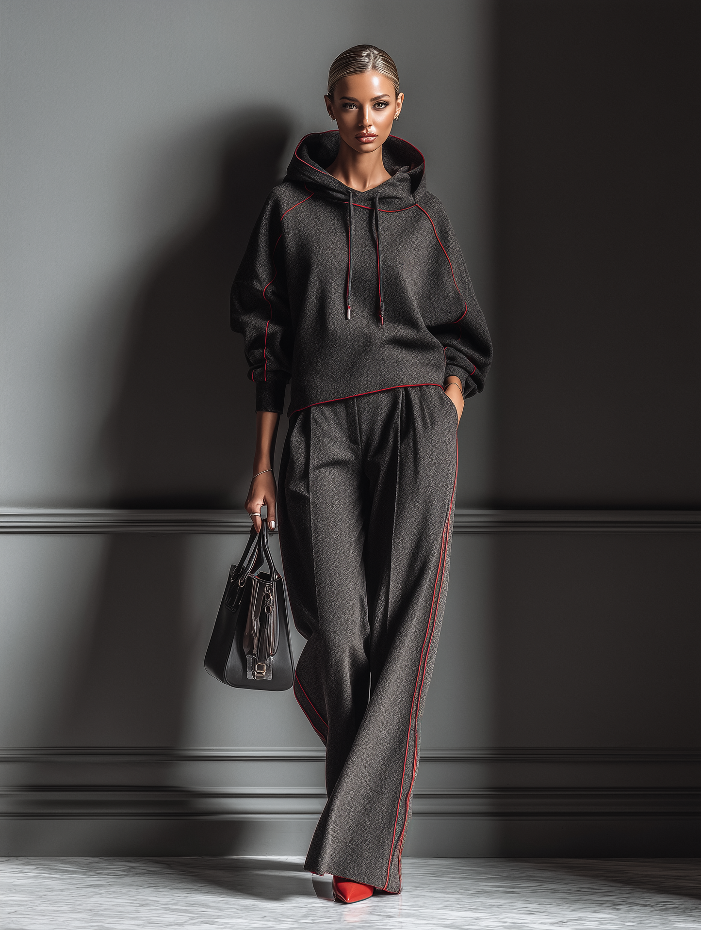 Conjunto de sudadera con capucha gris oscuro en capas de aire con borde contrastante rojo y pantalones rectos para mujer MDA1635J7T