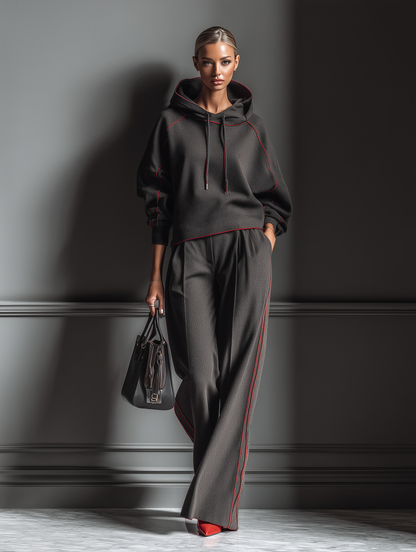 Conjunto de sudadera con capucha gris oscuro en capas de aire con borde contrastante rojo y pantalones rectos para mujer MDA1635J7T