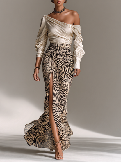 Conjunto de dos piezas para mujer, blusa de raso con cuello en off-shoulder de manga larga y falda con abertura y estampado de cebra sujetada en la cadera MDA1632G5Y