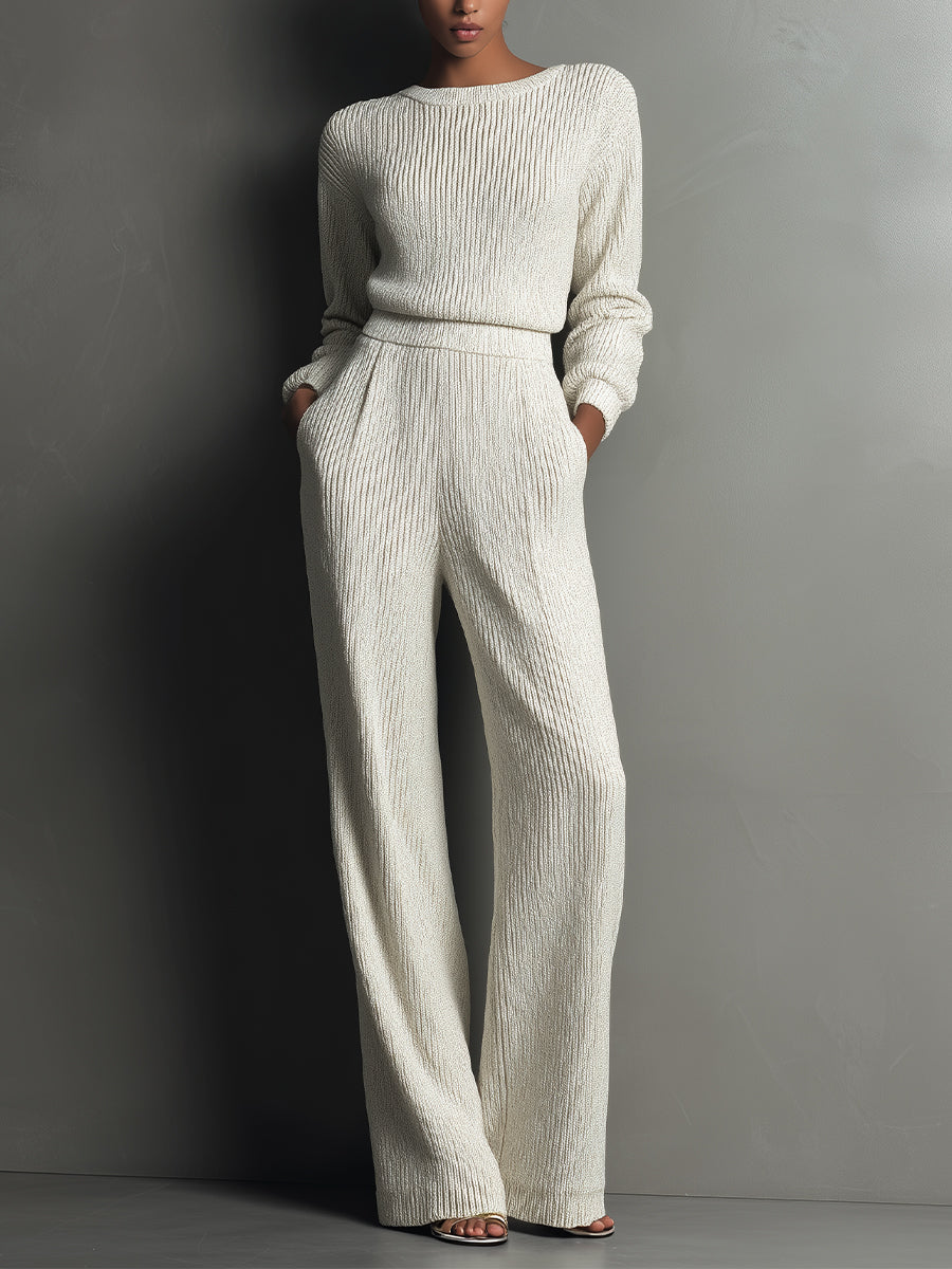 Conjunto de Pantalones de Pierna Ancha de Punto Rib Elegante en Marfil para Mujer MDA2157J4I