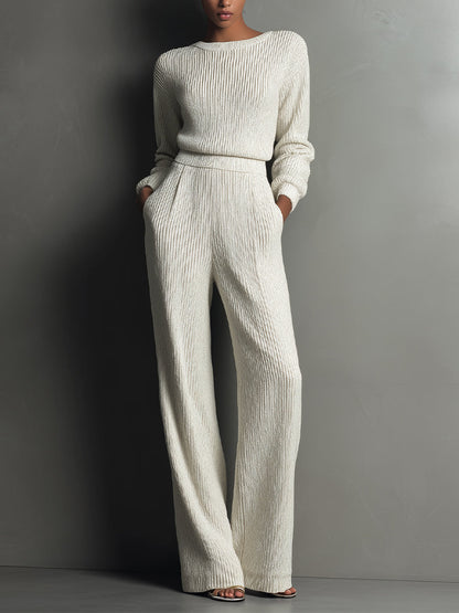 Conjunto de Pantalones de Pierna Ancha de Punto Rib Elegante en Marfil para Mujer MDA2157J4I