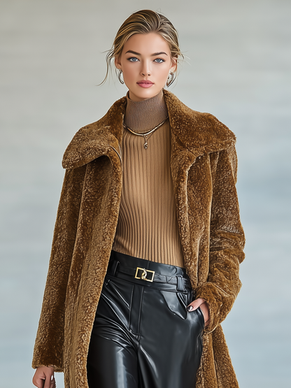 Abrigo de longitud media de felpa mezcla para mujer con solapa y sin botones MDA1075J2Y