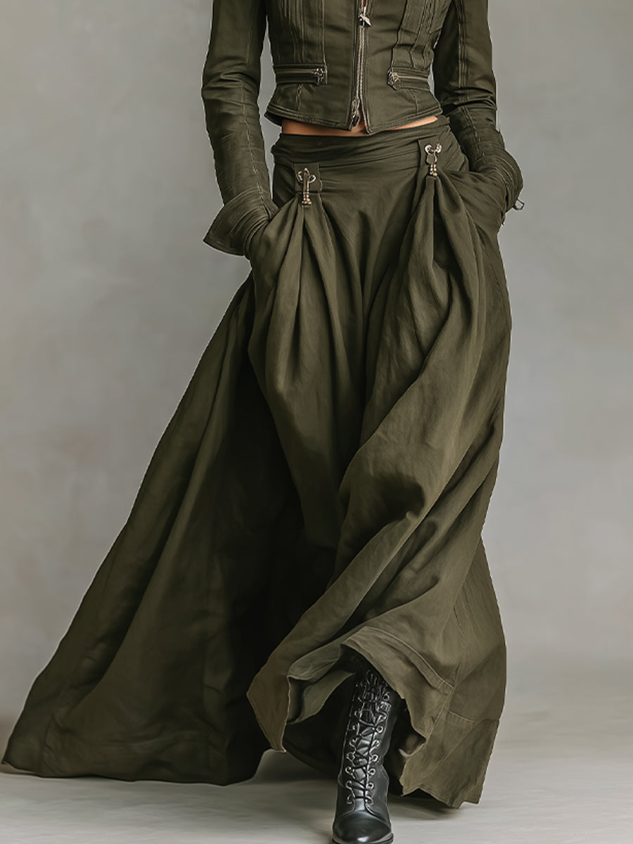 Conjunto de chaqueta corta y falda maxi de mujer con cremallera en verde audaz 100% algodón MDA1819I7I