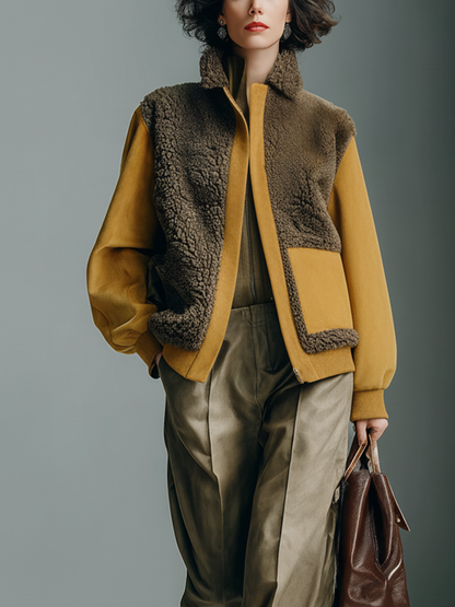 Chaqueta para mujer de ante sintético marrón oscuro y mostaza con cuello alto Sherpa MDA1703J8T