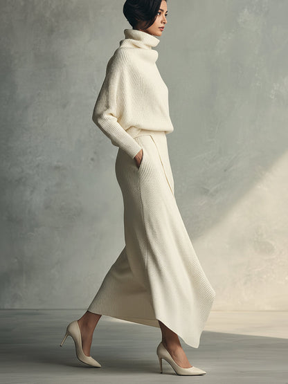Conjunto de falda y cárdigan de mujer en punto elegante con cuello envolvente y vuelta MDA1348H3I