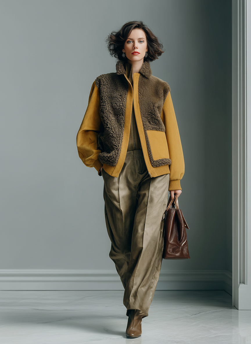 Chaqueta para mujer de ante sintético marrón oscuro y mostaza con cuello alto Sherpa MDA1703J8T