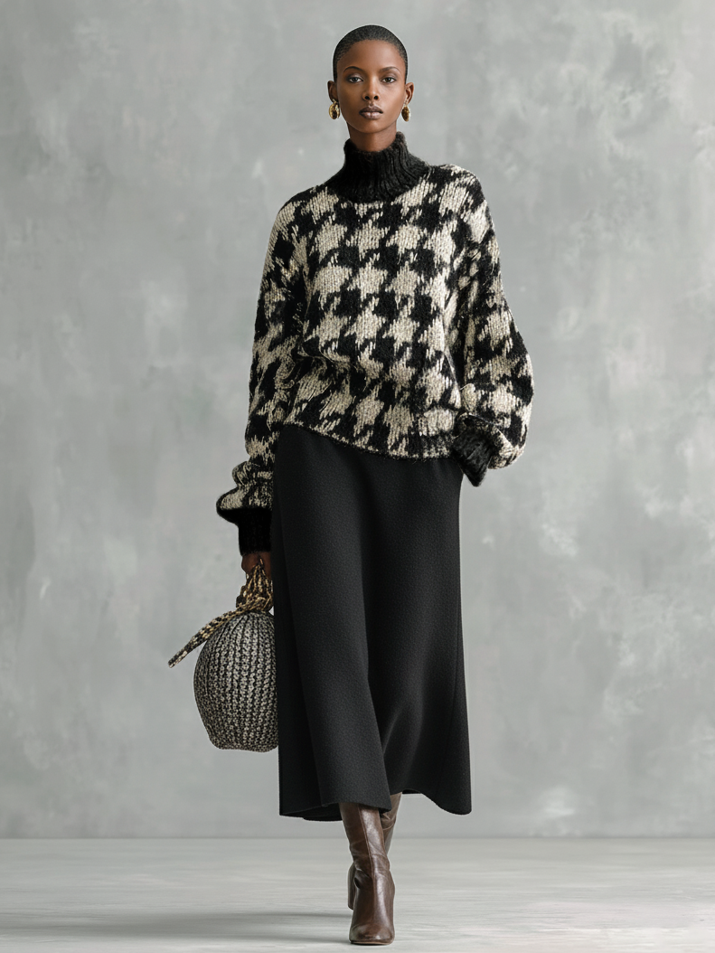 Conjunto de falda y suéter de punto con cuello tipo tortuga y jacquard de pienso para mujer MDA1608J0Y