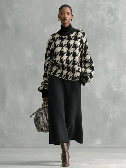 Conjunto de falda y suéter de punto con cuello tipo tortuga y jacquard de pienso para mujer MDA1608J0Y