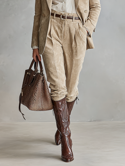 Conjunto de blazer holgado y pantalones rectos de ante sintético para mujer MDA2733H9Y