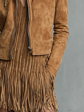 Chaqueta de cuero cortada para mujer con cuello de solapa y cremallera MDA2545H7Y