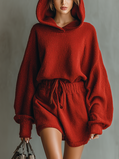 Conjunto casual de sudadera y pantalones cortos tejidos en marrón rojizo para mujer MDA2205J1T