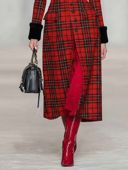 Abrigo largo de mujer con solapas de lana y cuadro de cuadros, con hombreras, modelo MDA1795J3Y