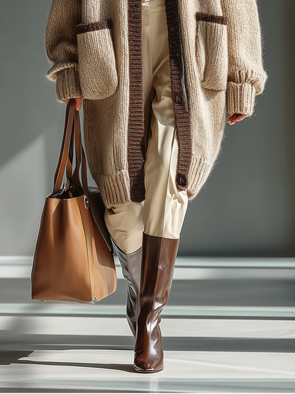 Chaqueta holgada informal de punto grueso beige y marrón claro para mujer MDA2130J7T