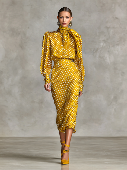 Conjunto de dos piezas de blusa y falda de satén vintage con estampado de lunares para mujer (sin incluir bufanda) MDA3073G0Y