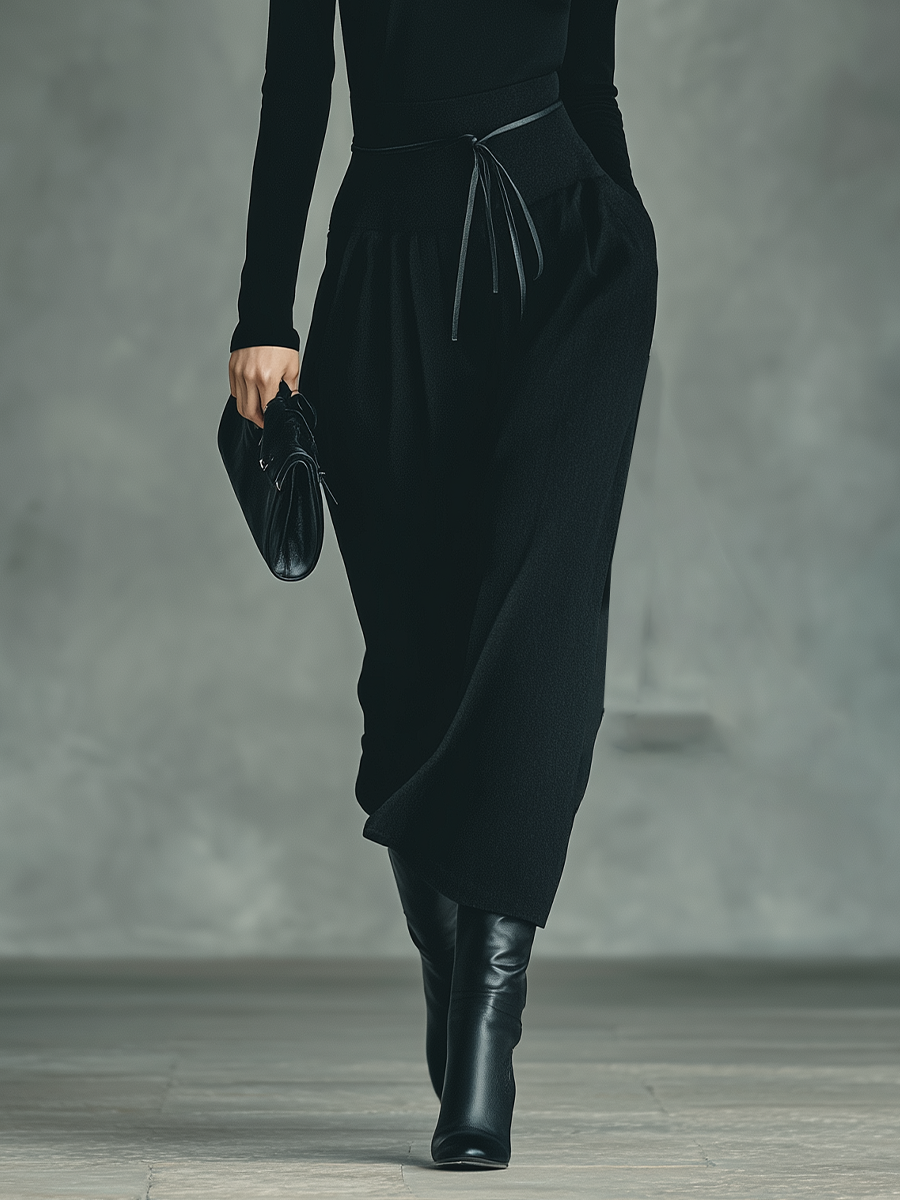 Conjunto de blusa negra para mujer de punto de gran elasticidad y falda de algodón mezclado MDA2450J4T