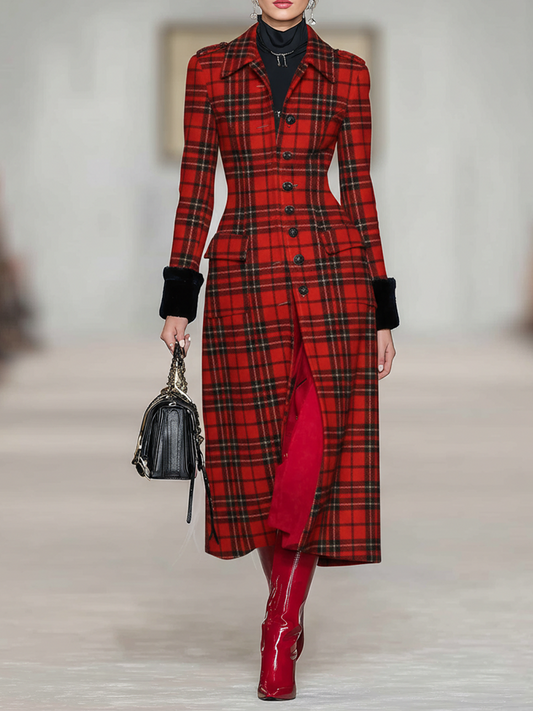 Abrigo largo de mujer con solapas de lana y cuadro de cuadros, con hombreras, modelo MDA1795J3Y