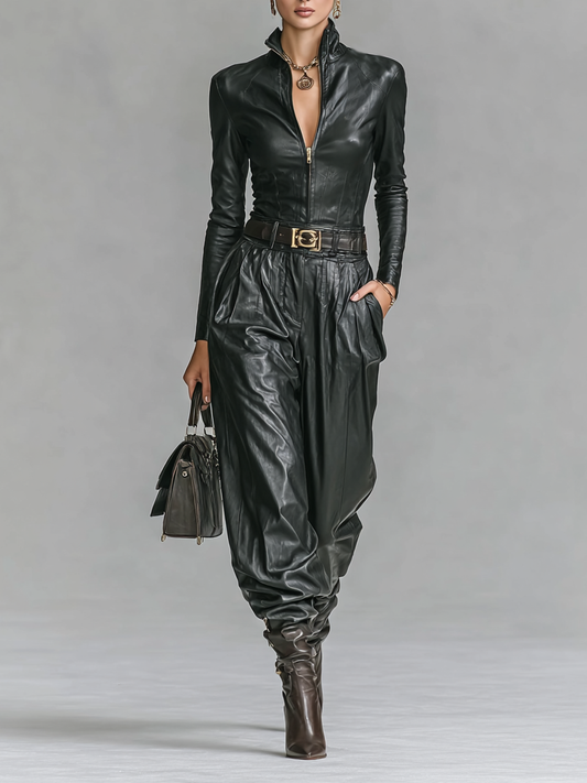 Conjunto de Blusa y Pantalón de Cuero Sintético para Mujer de Ajuste Estrecho con Cremallera y Cuello Standing (Sin Cinturón) MDA2743H0Y