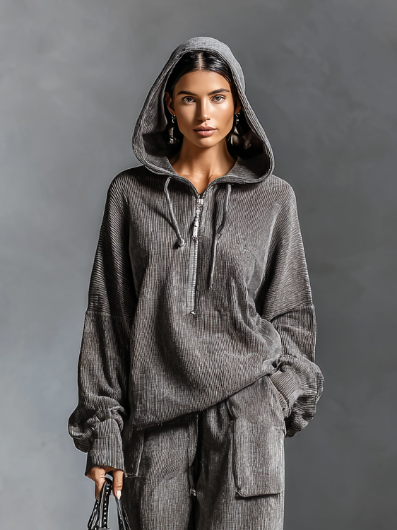 Conjunto de sudadera con capucha de pana casual para mujer y pantalones rectos MDA1964H5Y