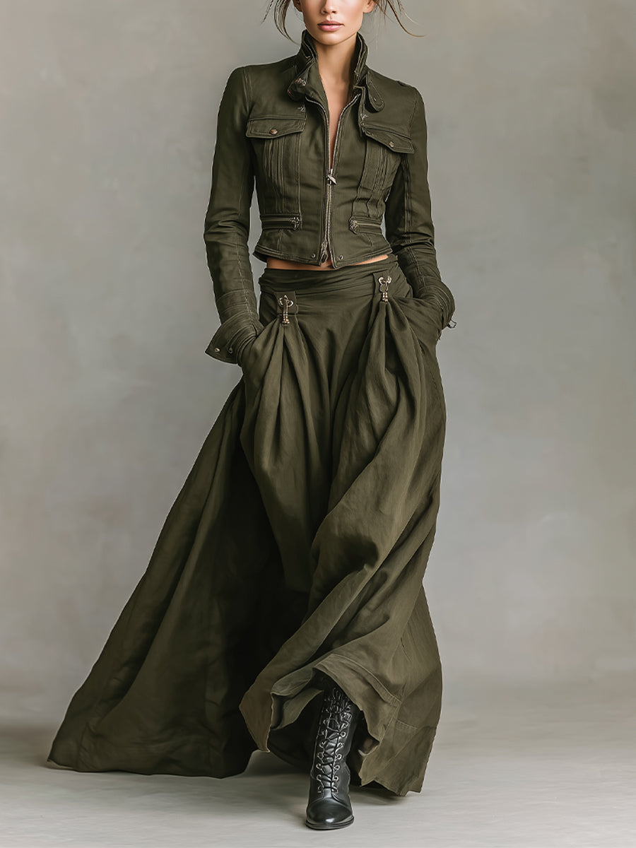 Conjunto de chaqueta corta y falda maxi de mujer con cremallera en verde audaz 100% algodón MDA1819I7I