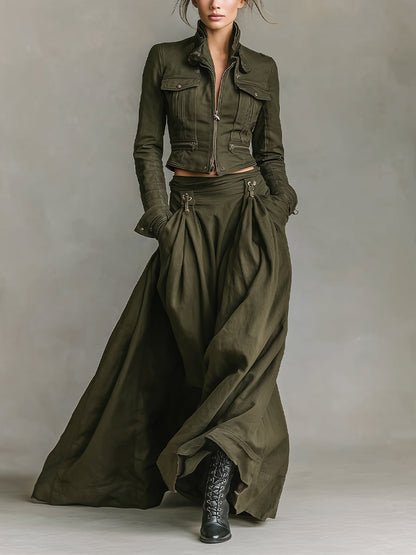 Conjunto de chaqueta corta y falda maxi de mujer con cremallera en verde audaz 100% algodón MDA1819I7I