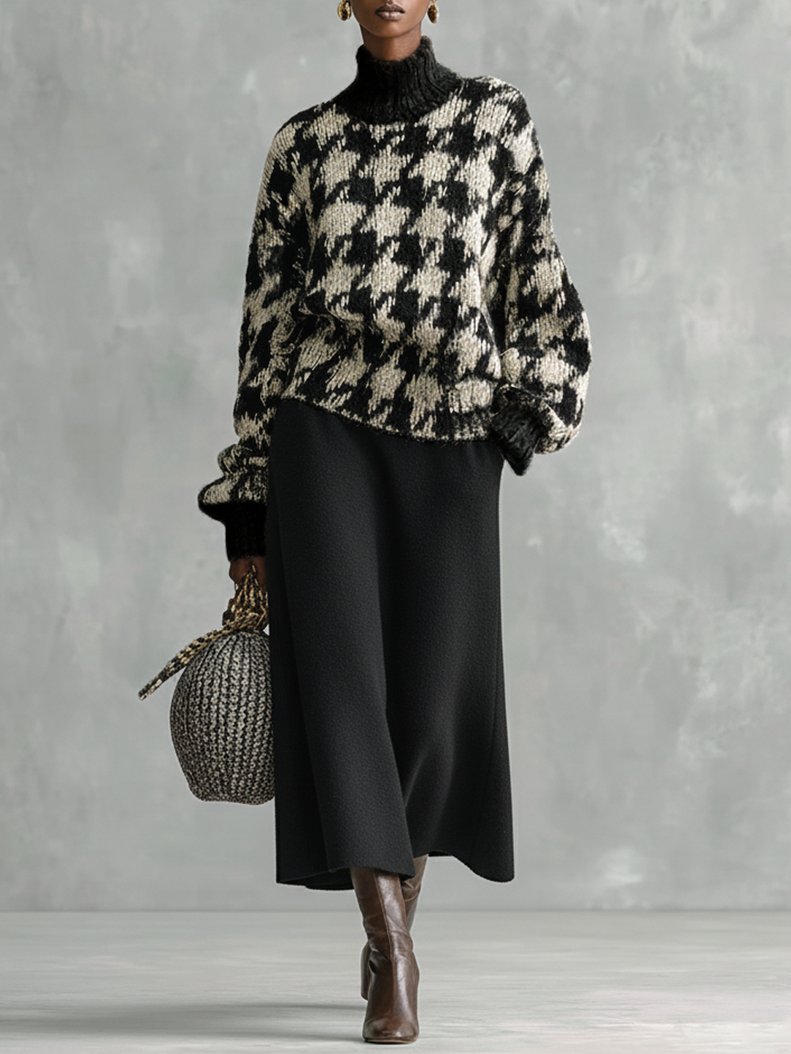 Conjunto de falda y suéter de punto con cuello tipo tortuga y jacquard de pienso para mujer MDA1608J0Y