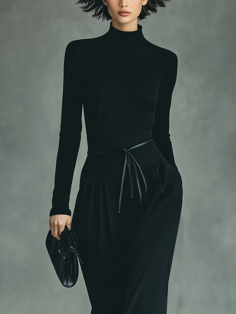 Conjunto de blusa negra para mujer de punto de gran elasticidad y falda de algodón mezclado MDA2450J4T