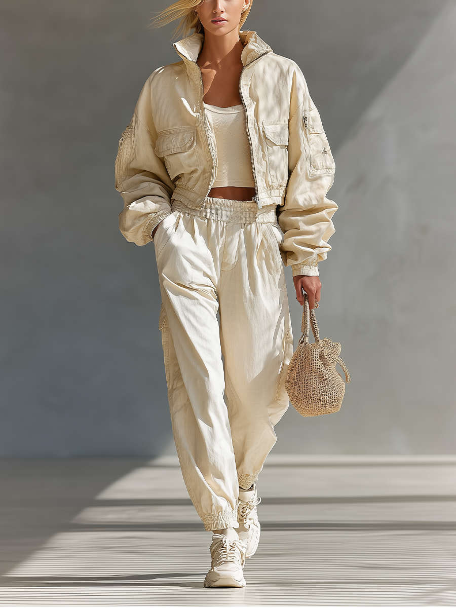 Conjunto de chamarra y pantalones casuales para mujer de mezcla de algodón color blanco roto MDA2132J2T