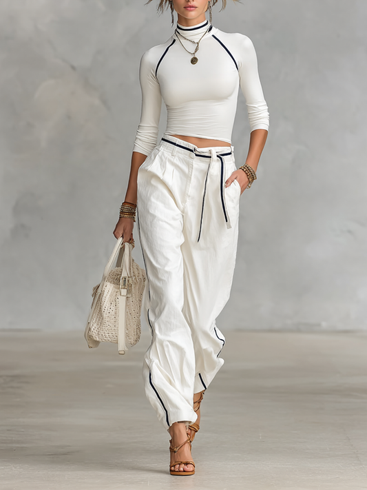 Conjunto de Dos Piezas para Mujer, Camiseta de Manga Larga Casual de Cuello Medio y Pantalones Rectos