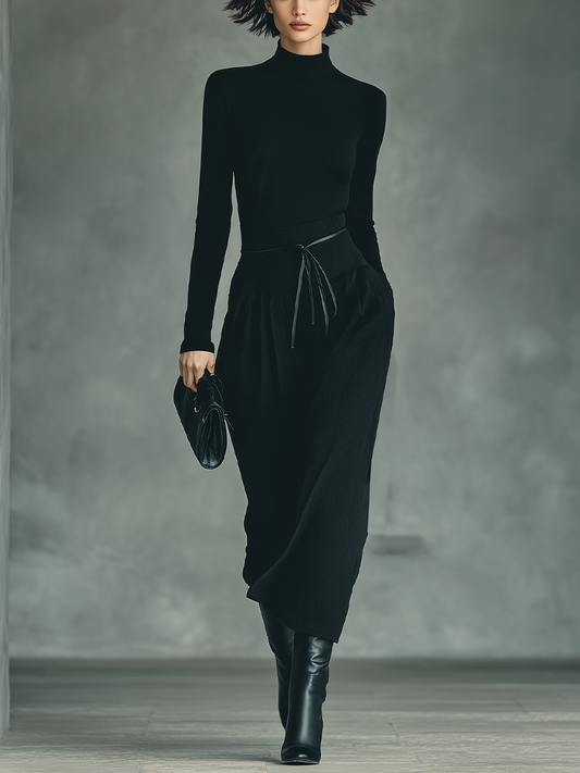 Conjunto de blusa negra para mujer de punto de gran elasticidad y falda de algodón mezclado MDA2450J4T