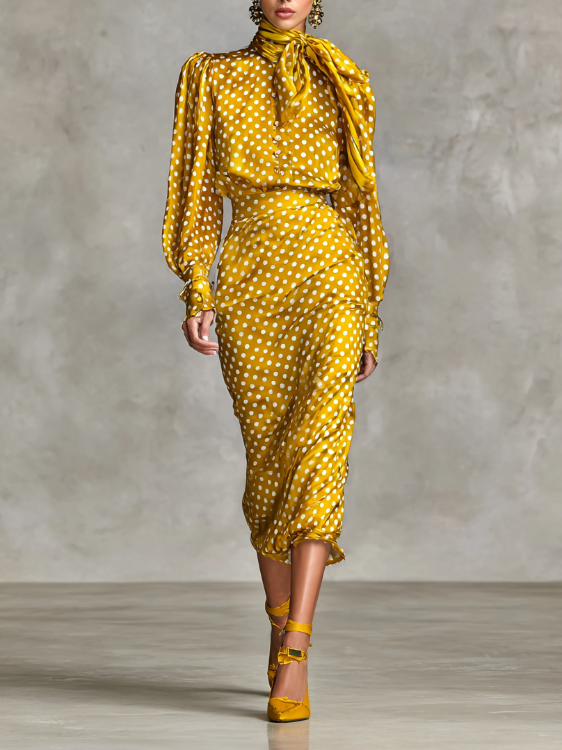 Conjunto de dos piezas de blusa y falda de satén vintage con estampado de lunares para mujer (sin incluir bufanda) MDA3073G0Y