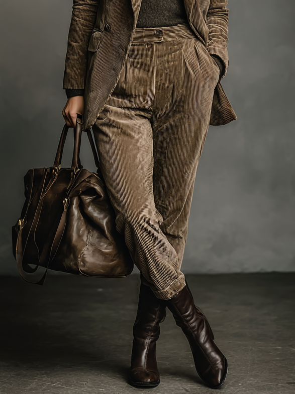 Conjunto de chaqueta de traje de mujer con cuello de pico de pana suelto y pantalones rectos MDA2715H4Y