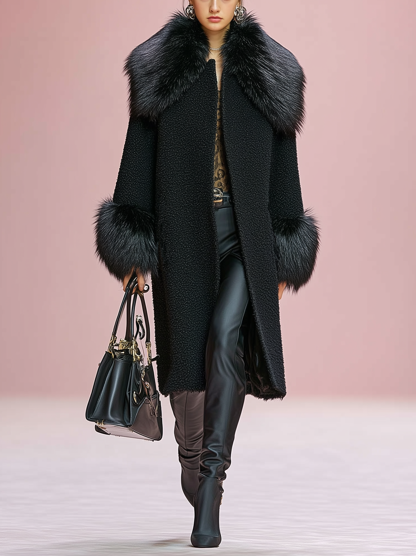 Abrigo de damasco con puños y solapa de mezcla de lana, costuras decorativas y adorno de felpa desmontable MDA1029J2Y