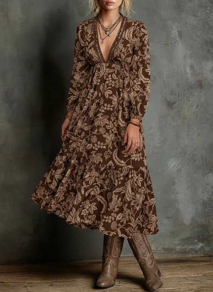 Alicia| Vestido bohemio con cuello en V de encaje estampado floral