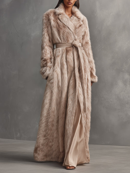 Abrigo Largo de Lujo para Mujer con Cinto de Piel sintética Beige MDA2080J0I