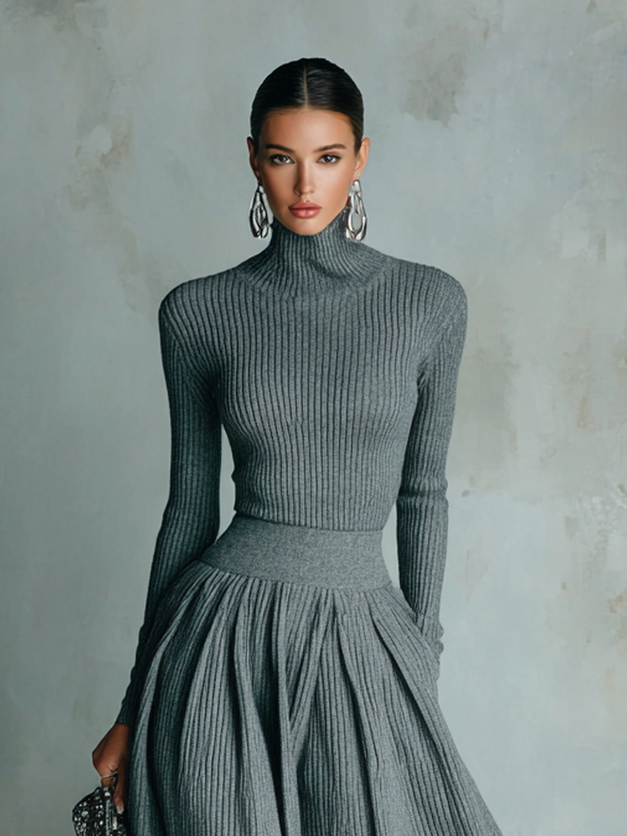 Conjunto de suéter de cuello alto y falda de punto de color sólido para mujer MDA2117J4Y