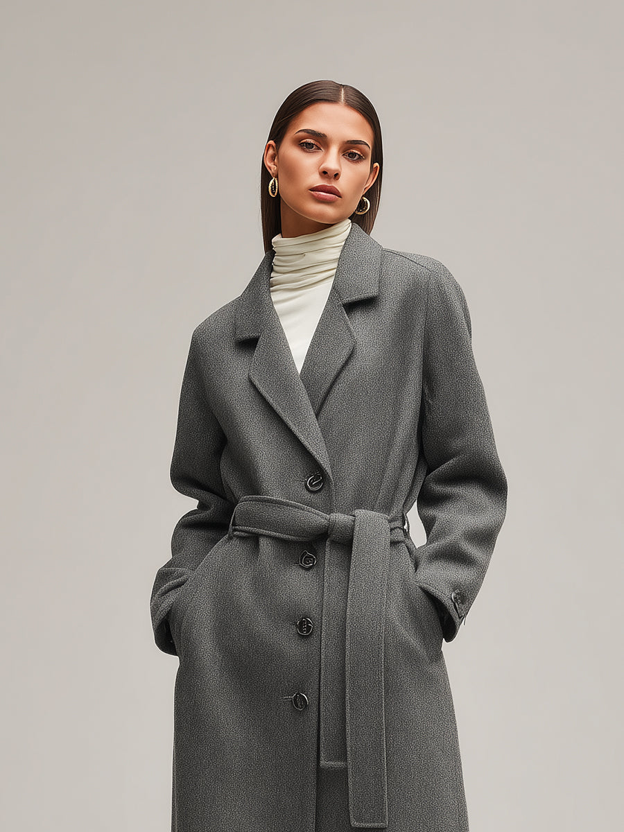 Abrigo de mujer gris de lana a medida con botones de un solo botón y cinturón en la cintura, estilo sofisticado para el día a día MDA2416J7I