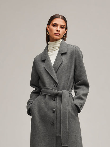 Abrigo de mujer gris de lana a medida con botones de un solo botón y cinturón en la cintura, estilo sofisticado para el día a día MDA2416J7I