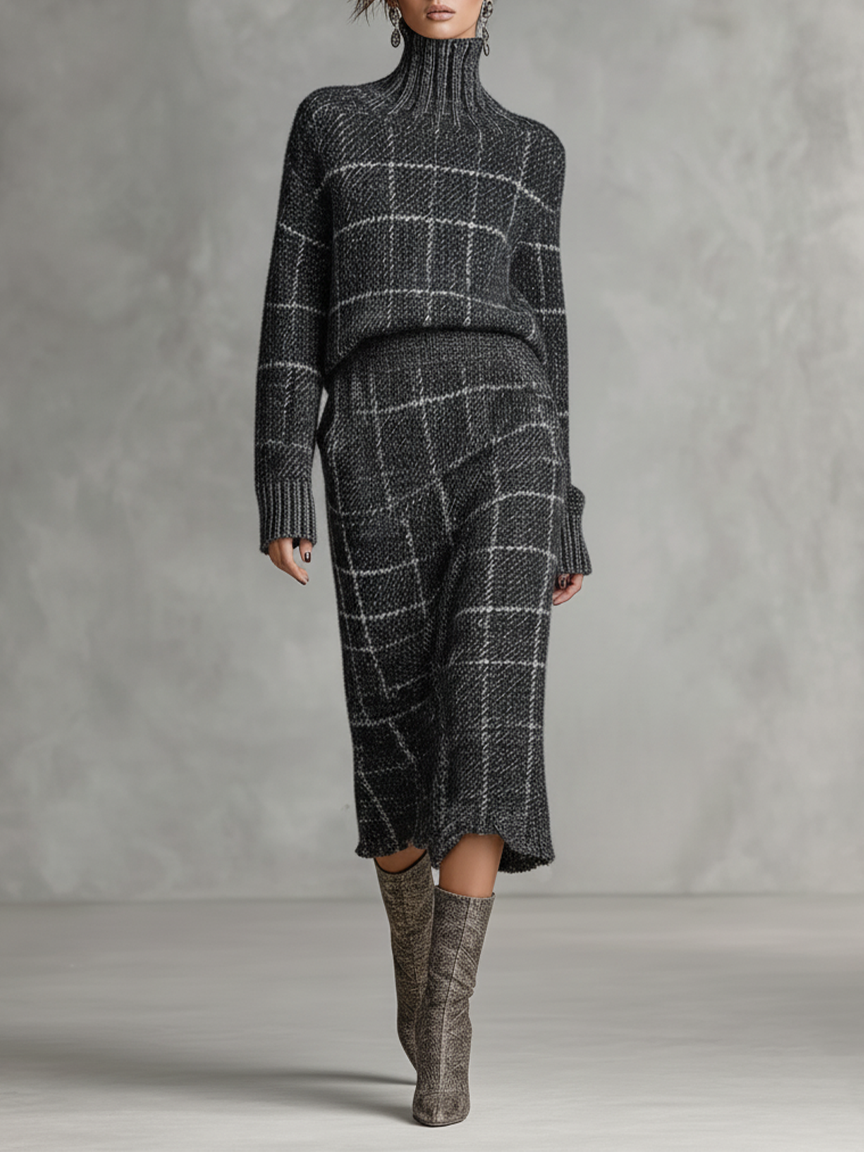 Conjunto de falda y suéter de cuello alto tejido minimalista de cuadro jacquard para mujer MDA1682J4Y