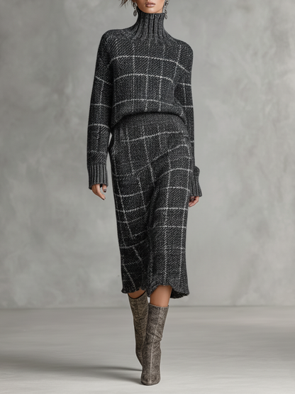 Conjunto de falda y suéter de cuello alto tejido minimalista de cuadro jacquard para mujer MDA1682J4Y