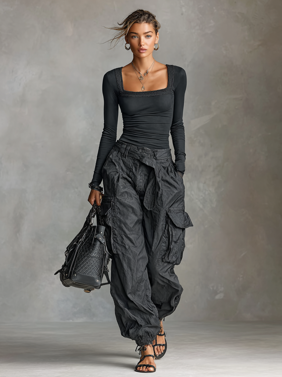 Conjunto de dos piezas para mujer: camiseta de manga larga con cuello cuadrado y pantalones cargo de múltiples bolsillos MDA2588G0Y