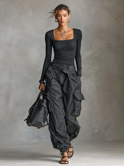 Conjunto de dos piezas para mujer: camiseta de manga larga con cuello cuadrado y pantalones cargo de múltiples bolsillos MDA2588G0Y